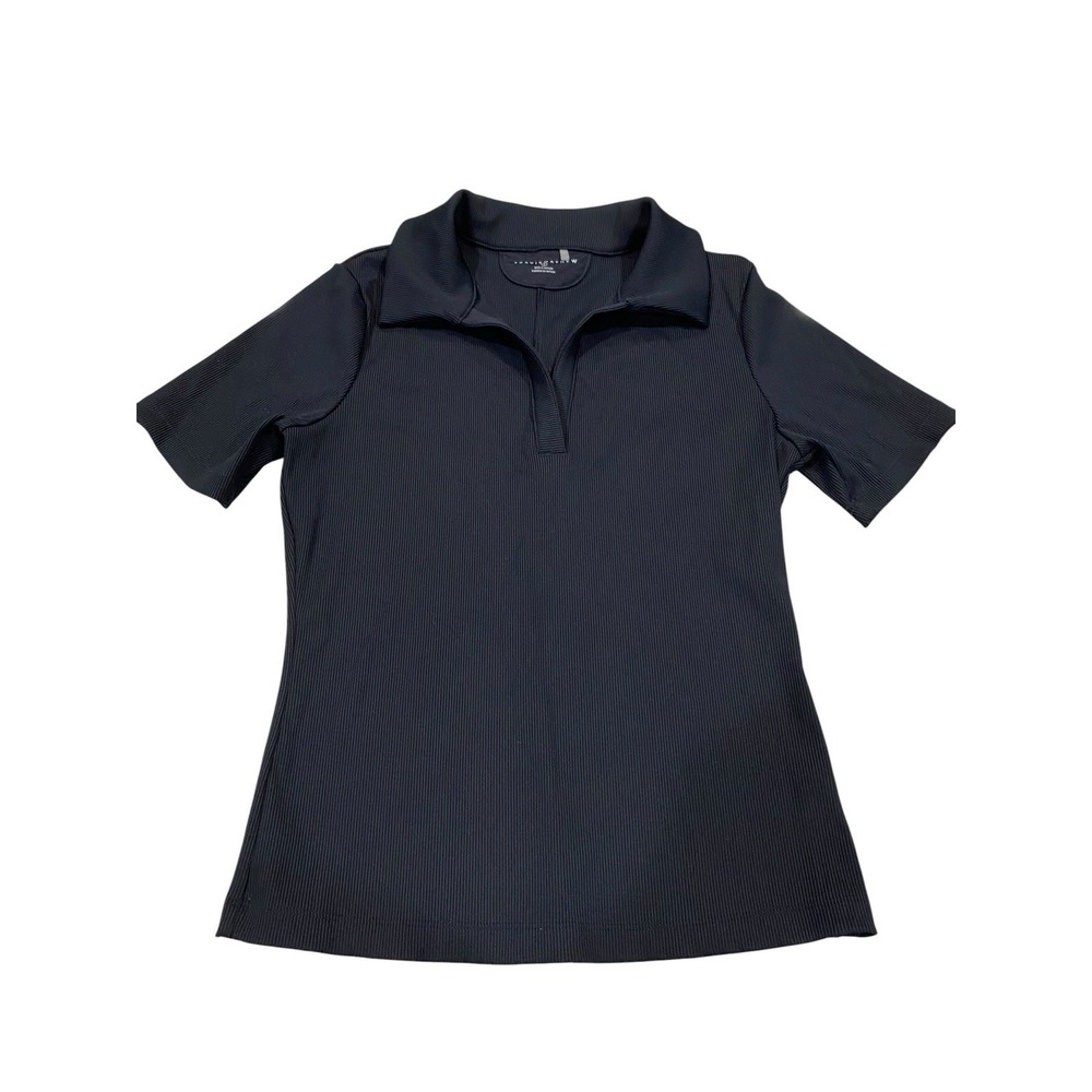 TravisMathew Women's Small Black Ribbed Short Sleeve Split V-Neck Polo Top